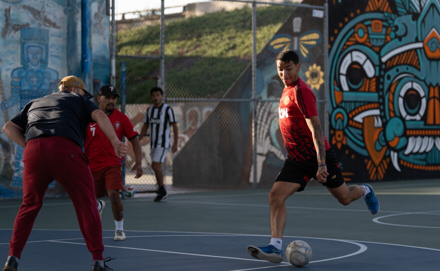 A futsal player attempts to score a goal during a weekly pickup game on June 2, 2026, San Diego, Calif.