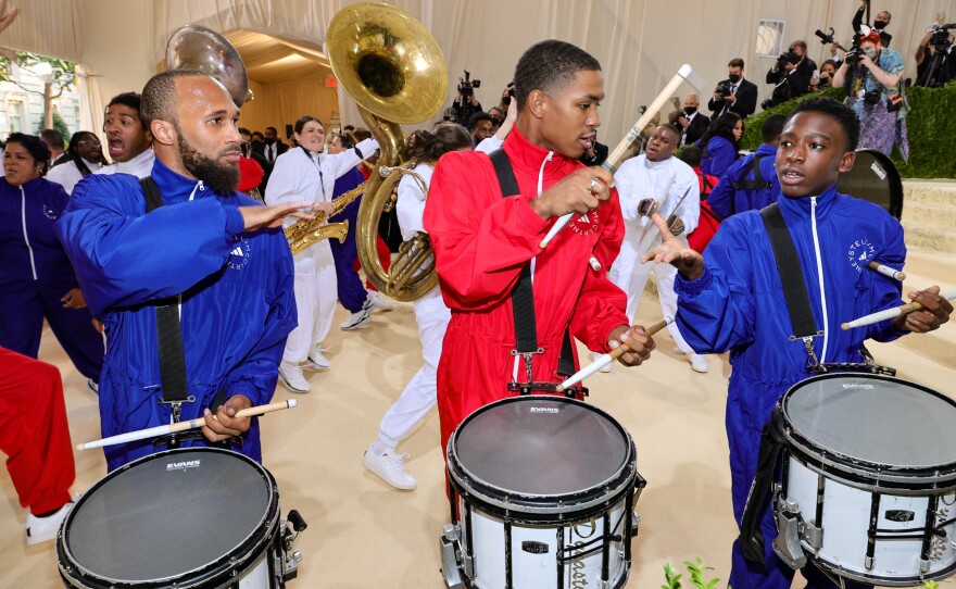 The Brooklyn United Marching Band, a group of young musicians ranging from ages 5 to 21, performs at the opening of the Met Gala.