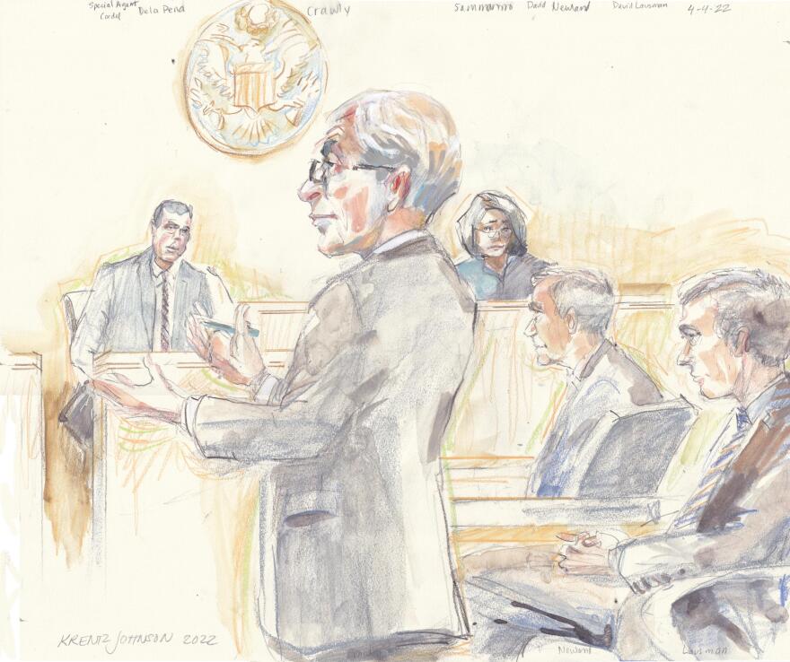 A courtroom sketch dated April 4, 2022 is shown above. From left to right: Special Agent Cordel De la Pena, Michael Crawley, Hon Janis Sammartino, David Newland and David Lausman.