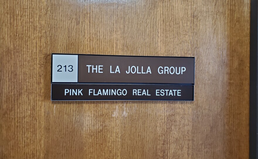 The office door of the La Jolla Group, a petition drive management firm, Feb. 4, 2020.