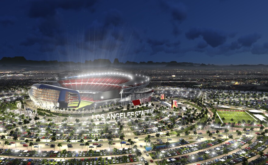 An undated artist rendering provided by MANICA Architecture shows a proposed $1.7 billion NFL stadium in the city of Carson that the San Diego Chargers and Oakland Raiders would share if both teams fail to get new deals in their current hometowns.