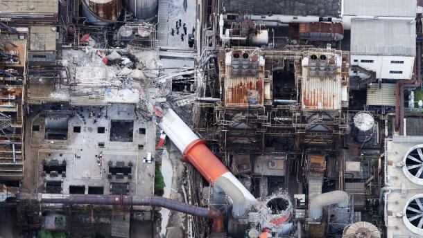 This aerial image shows a damaged chimney of the Nippon Paper Industries Co.'s Yatsushiro factory, following an earthquake in Yatsushiro, Kumamoto Prefecture, Wednesday, July 29, 2026.