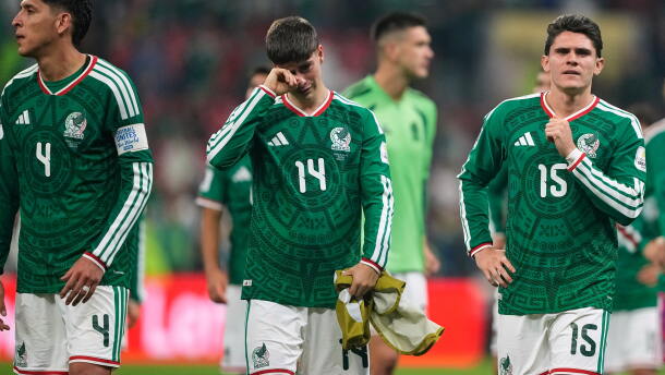 Mexico players react following the World Cup round of 16 soccer match between Mexico and England in Mexico City, Sunday, July 5, 2026.