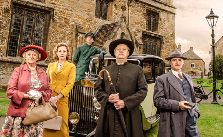 Mrs. McCarthy (Sorcha Cusack), Lady Felicia (Nancy Carroll), Sid (Alex Price), Father Brown (Mark Williams) and  Inspector Sullivan (Tom Chambers).