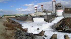 Water gushes from an electricity plant in Playas de Rosarito, Mexico, next to a site where government agencies in the western United States are considering putting large desalination plants. Details are being worked out, but these vast amounts of water used at the electricity plant could be used for desalination at the proposed site.