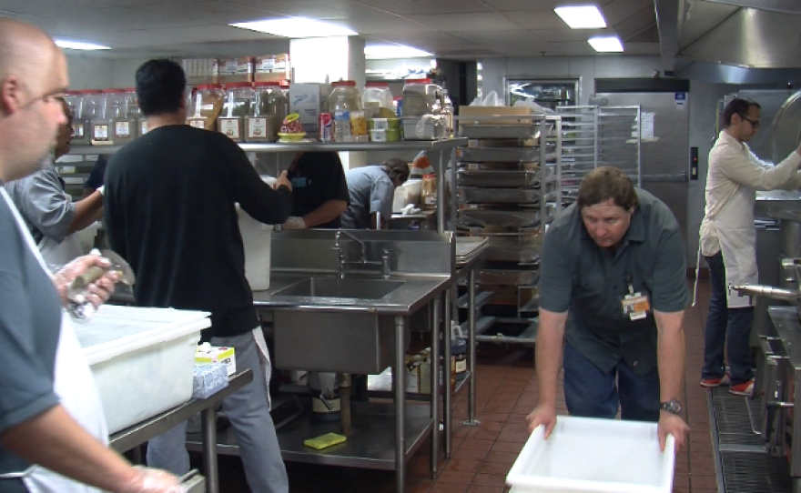 San Diego Rescue Mission workers prepare 150 turkeys, 350 pounds of stuffing, 600 pounds of potatoes, 500 pounds of peas and 200 pounds of cranberry sauce for their annual Thanksgiving meal, on November 22, 2013.