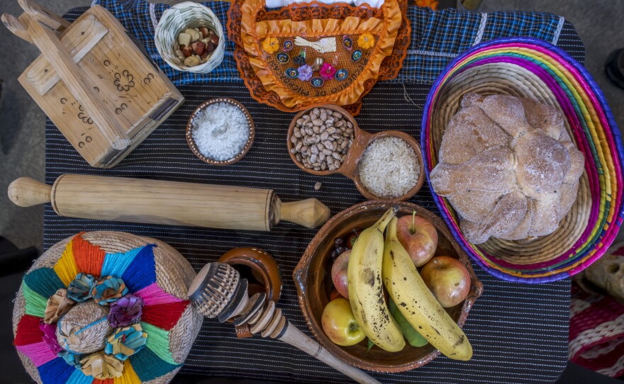 Elements that were placed on an altar for Día de Muertos celebrations at the Sherman Heights Community Center, Oct. 18, 2023.