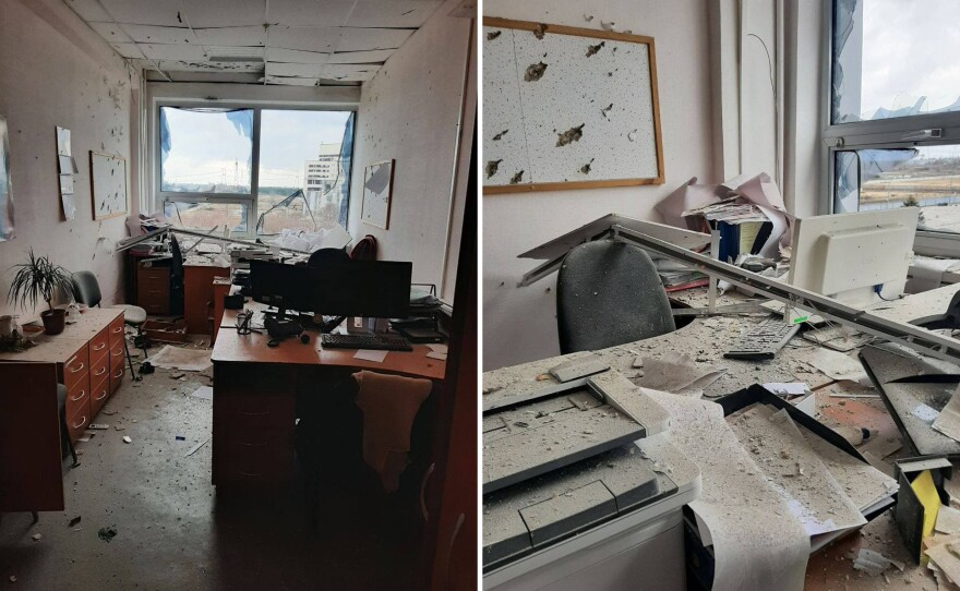 Photos show heavy damage to an office at the Zaporizhzhia Nuclear Power Plant. Using buildings visible outside the window, NPR was able to verify the location as the main administrative building at the front of the facility.
