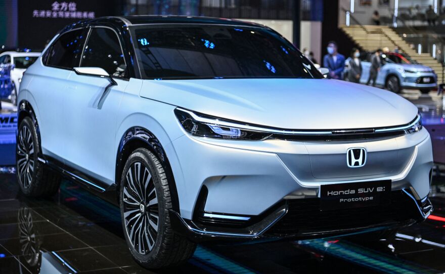 A Honda SUV E prototype is displayed during the 19th Shanghai International Automobile Industry Exhibition in Shanghai on April 20. Honda says battery-powered SUVs will be a key part of its plan to sell exclusively zero-emissions vehicles by 2040.
