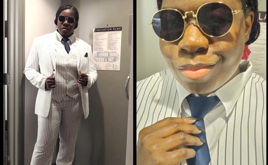 Jay Justice is seen in her hotel room while at the Game Developers Conference in San Francisco in March. Justice says the hotel room was the only place she felt safe without a mask during the visit.