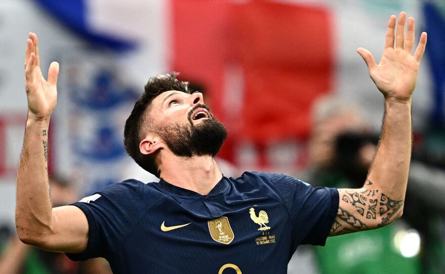 France forward Olivier Giroud celebrates scoring his team's second goal during their World Cup quarterfinal match against England.