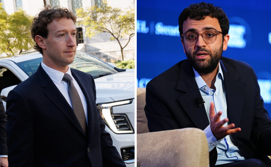 Left: Meta CEO and Chairman Mark Zuckerberg arrives at Los Angeles Superior Court in February. Right: Tarek Mansour, co-founder of Kalshi, at the Semafor World Economy Summit in April.