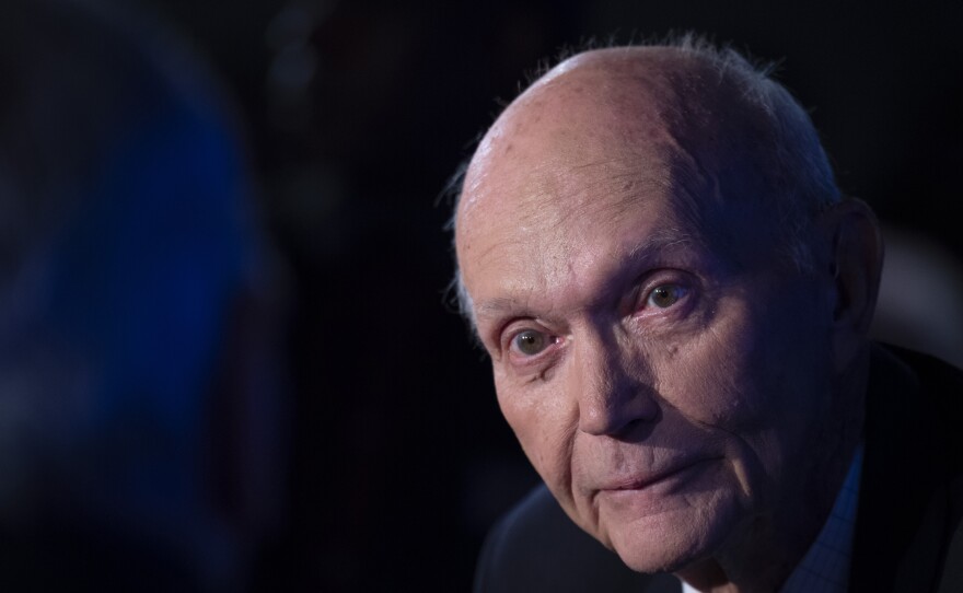 US Apollo 11 astronaut Michael Collins at the National Press Club in Washington, D.C., April 2019.