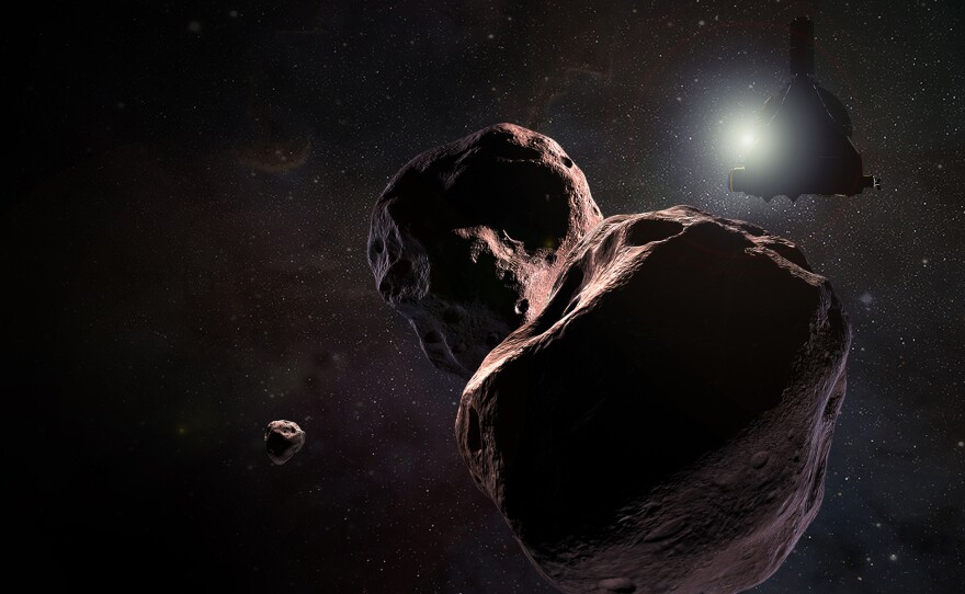 An artist's impression of NASA's New Horizons spacecraft encountering Ultima Thule, a Kuiper Belt object that orbits 1 billion miles (1.6 billion kilometers) beyond Pluto, on Jan. 1, 2019.