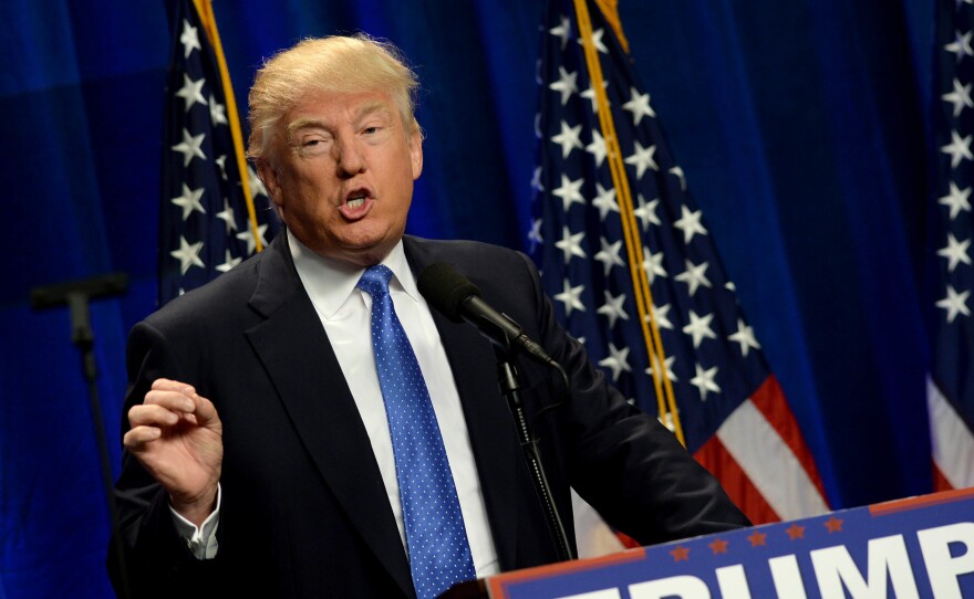 Presumptive GOP presidential nominee Donald Trump speaks at St. Anselm College in Manchester, N.H., on Monday.