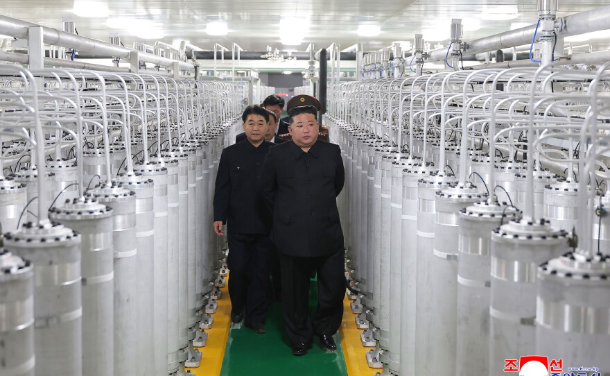 In this photo provided by the North Korean government, its leader Kim Jong Un, front right, visits a new facility to produce nuclear bomb fuels at an undisclosed place in North Korea Wednesday, June 3, 2026. The content of this image is as provided and cannot be independently verified.