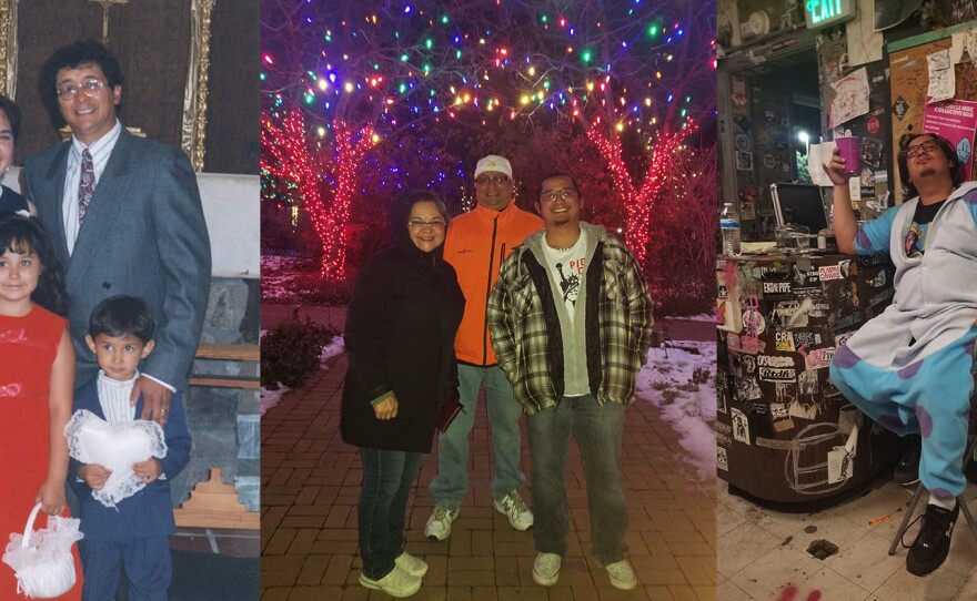 From left: Eric Salazar, his parents Frances and Robert, and his sister, Lexi, circa 1999; Salazar and his parents at the Denver Botanic Gardens in 2022; Salazar working the door at Denver's Seventh Circle Music Collective in 2022.