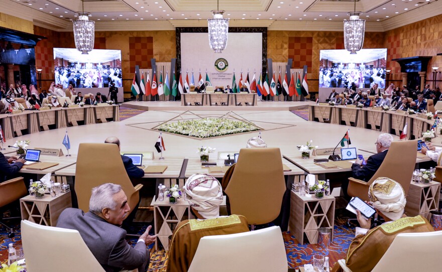 Delegates attend a prep meeting ahead of the Arab League summit in Jeddah, Saudi Arabia, on Thursday.
