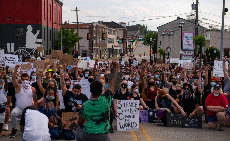 Protestors against police violence gather in Bridgeport, Pa., as they prepare to march across a bridge to neighboring Norristown, Pa. on June 3.