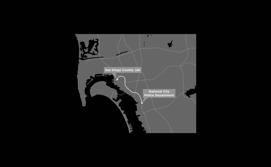 Map of travel from National City Police Department to San Diego County jail.