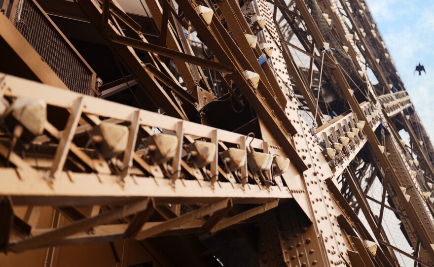 A close-up of the Eiffel Tower.