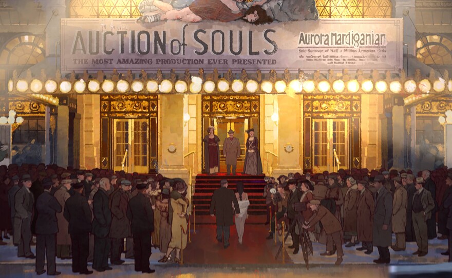Naktinė Auroros Mardigian filmo „Sielų aukcionas“ premjera. Kadro centre – VIP dalyviai, vaikštantys laiptais, o minios fotografų juosia raudonuoju kilimu. Ryškus kontrastas tarp filmo vaizdų, kuriuose Aurora įstrigo įstrigusi, ir apačioje esančių dalyvių, apsirengusių puošniais drabužiais.