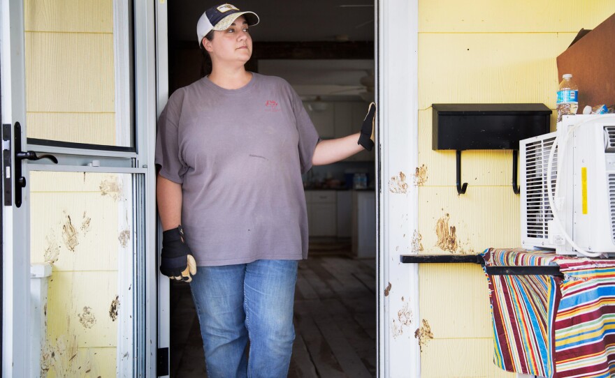 Rachel Taylor surveys the flood damage from her front porch in White Sulphur Springs, W.Va. Muddy paw prints on the front door still mark her dog's panic as the waters rose. He survived, but others didn't.