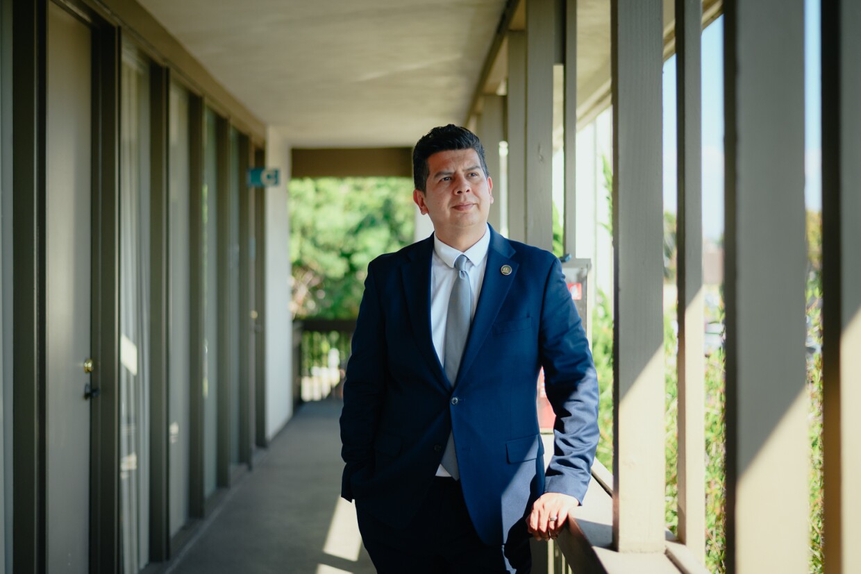 Assemblymember David Alvarez stands for a portrait outside his office in Chula Vista, California on Oct. 19, 2023.