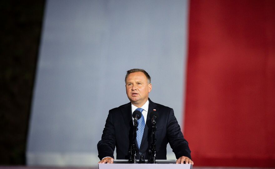 Polish President Andrzej Duda speaks to a crowd in September. Duda is in isolation after being infected with the coronavirus.