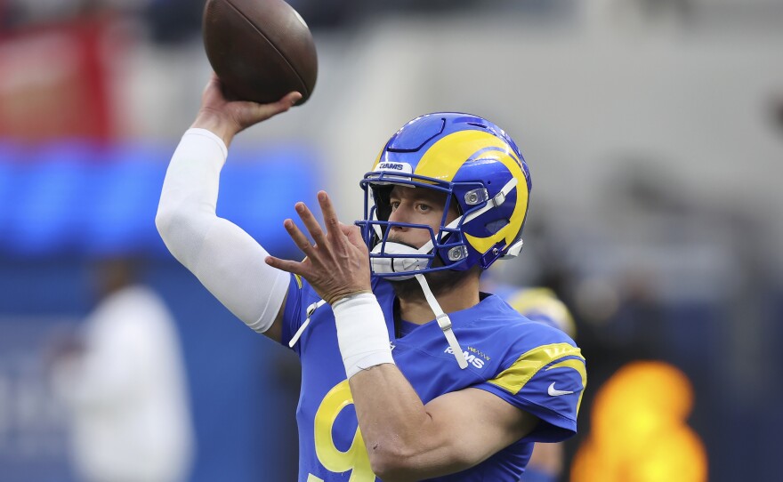 Los Angeles Rams' Matthew Stafford wams up before the NFC Championship on Jan. 30. A win would show that the Rams signing him was worth it.