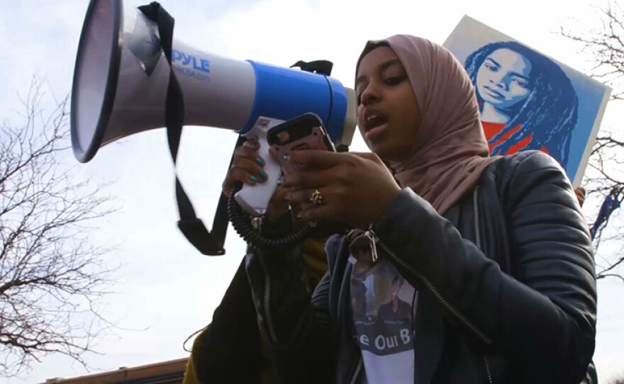 Ikraan Abdurahman, sister of Zacharia, speaking to protesters at "No Muslim Ban Ever" rally, Minneapolis, Minn., 2017.