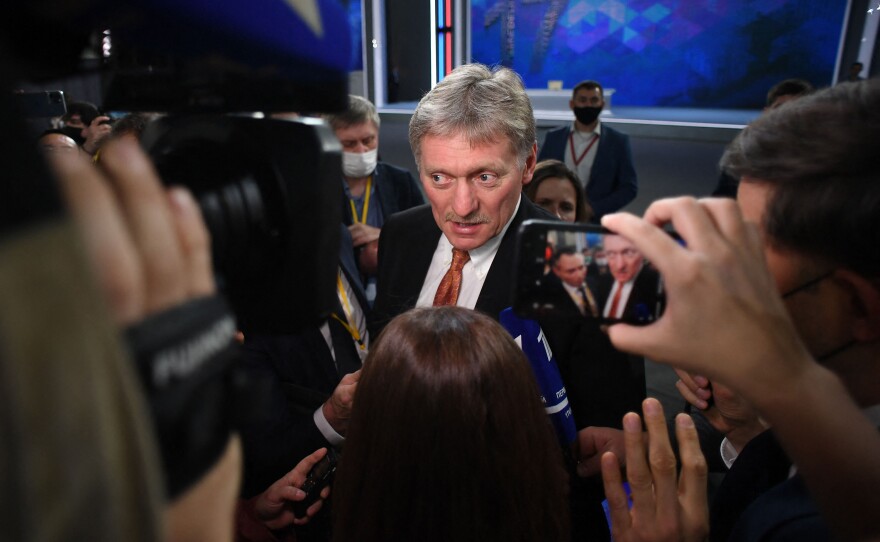 Kremlin spokesman Dmitry Peskov meets with journalists after Russian President Vladimir Putin's annual press conference in Moscow in December.