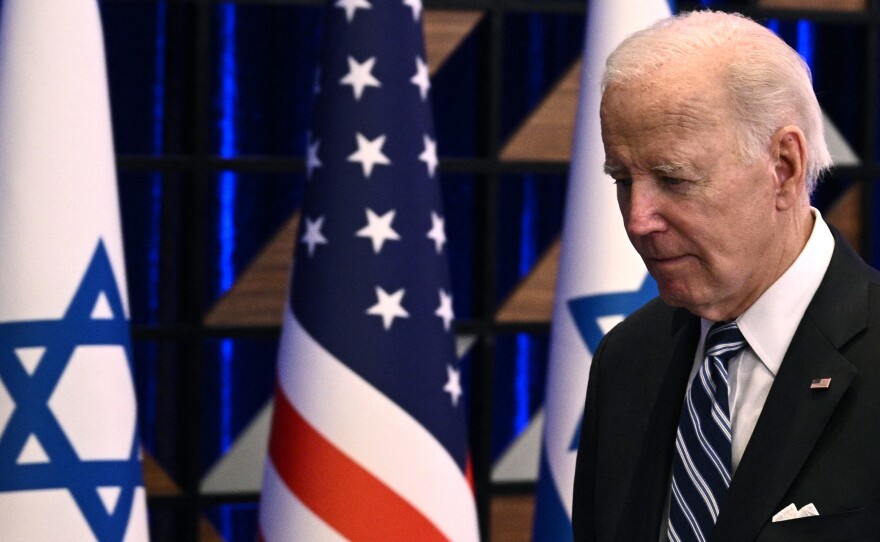 President Biden leaves the room after giving remarks at the end of a visit to Tel Aviv on Oct. 18.