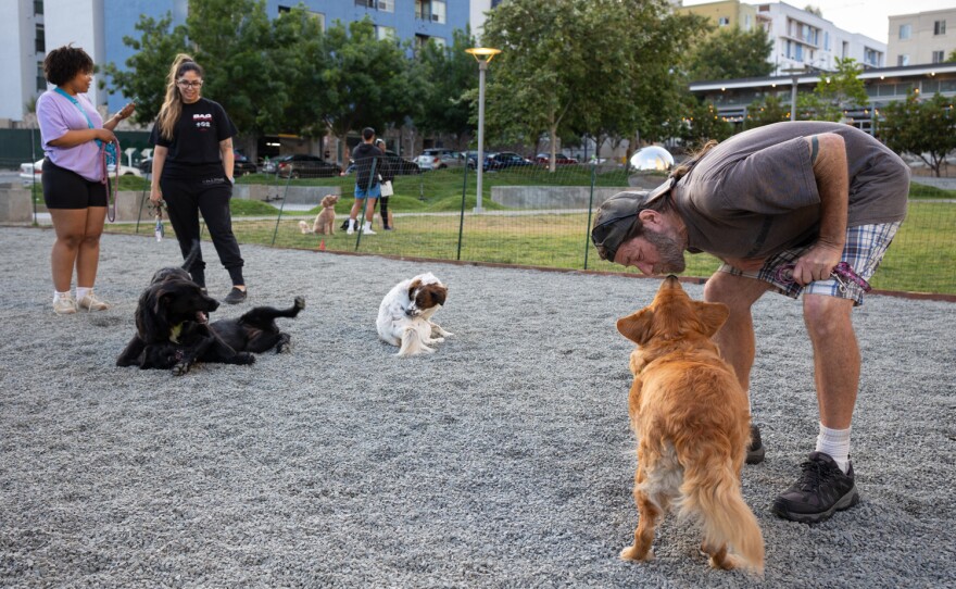 Arley Adcock kisses his dog, Cheyenne, at a dog park in San Diego on June 8.