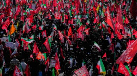 Mourners attend the funeral procession of the late Iranian Supreme Leader Ayatollah Ali Khamenei in Tehran, Iran, Monday, July 6, 2026.