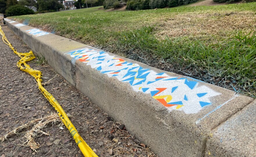 Margaret Noble's Park Social installation, "Locked Groove" is shown in-process on July 6, 2022. The interactive sound art will be on view at Plumosa Park in Point Loma, San Diego, Calif. until Nov. 20, 2022.