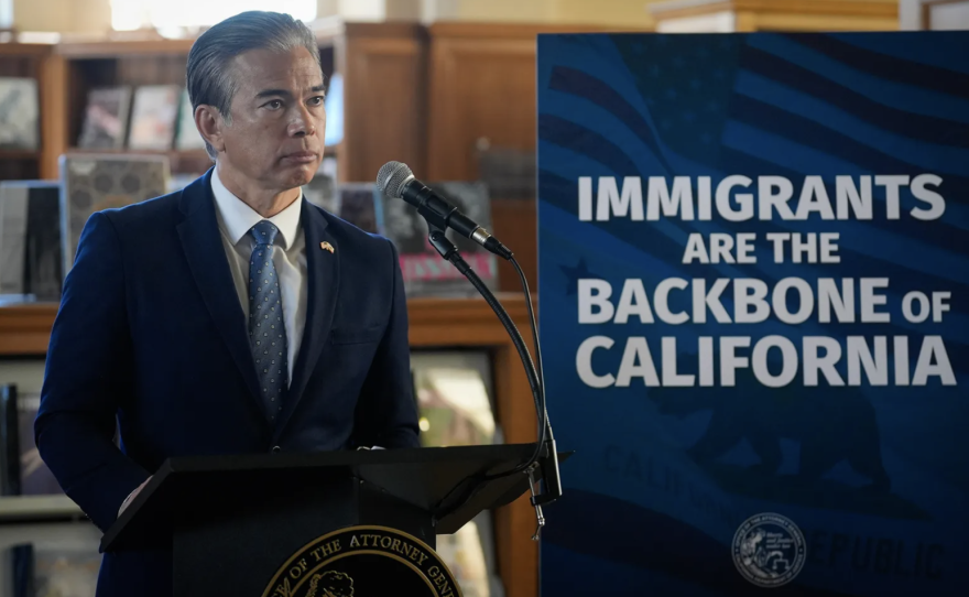 Attorney General Rob Bonta discusses the California Department of Justice’s efforts to protect rights of the state’s immigrant communities at a news conference at the San Francisco Public Library’s Bernal Heights branch in San Francisco, on Dec. 4, 2024. Photo by Jeff Chiu, AP Photo