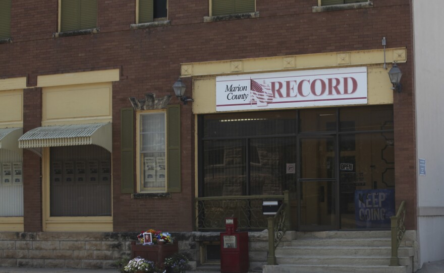 The offices of the Marion County Record weekly newspaper sit across the street from the Marion County, Kan., Courthouse, Aug. 21, 2023, in Marion. The police chief who led the August raid on the small weekly newspaper in central Kansas has resigned, just days after he was suspended from his post, a City Council member confirmed Monday, Oct. 2, 2023.