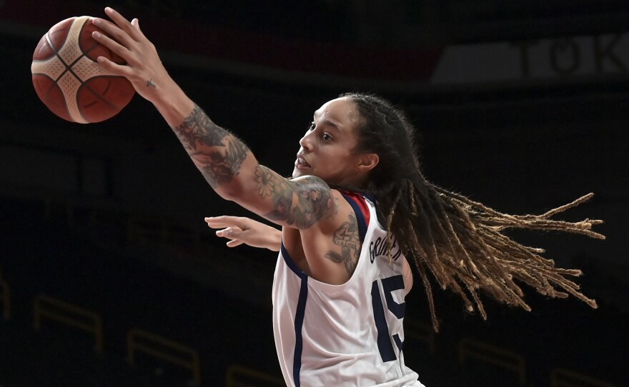 Brittney Griner vies for the ball in the women's final basketball match between the U.S. and Japan during the Tokyo 2020 Olympic Games in August 2021.