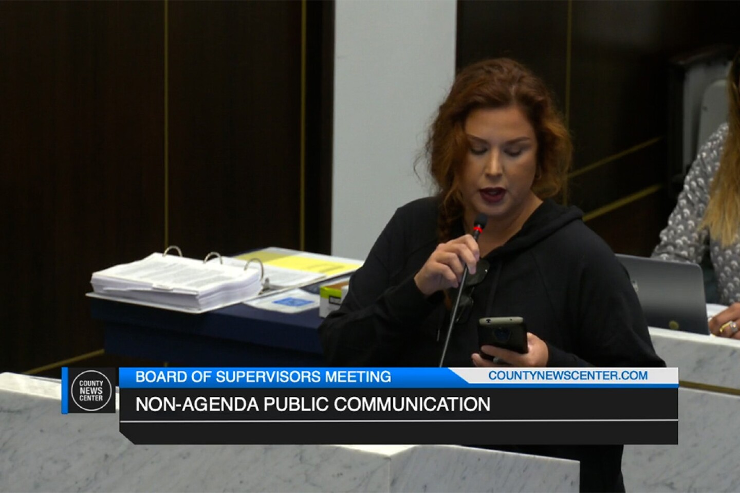 This screenshot shows Consuelo Henken speaking at a meeting of the San Diego County Board of Supervisors on November 15, 2022.