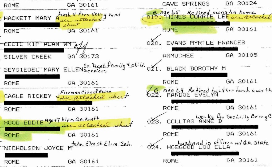 At Timothy Foster's 1987 trial, the names of prospective black jurors were highlighted in green, circled, and labelled with a "b." The defense will argue that it reeks of racial discrimination. The state of Georgia's brief contents the jurors were labelled in order to be able to rebut potential allegations of racial discrimination. Eds note: Street addresses have been redacted by NPR.