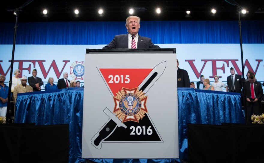 President-elect Donald Trump speaks at the Veterans of Foreign Wars convention in Charlotte, N.C., on July 26. Trump has no military experience, but will become commander in chief at a time when the U.S. is bombing targets in four separate wars.