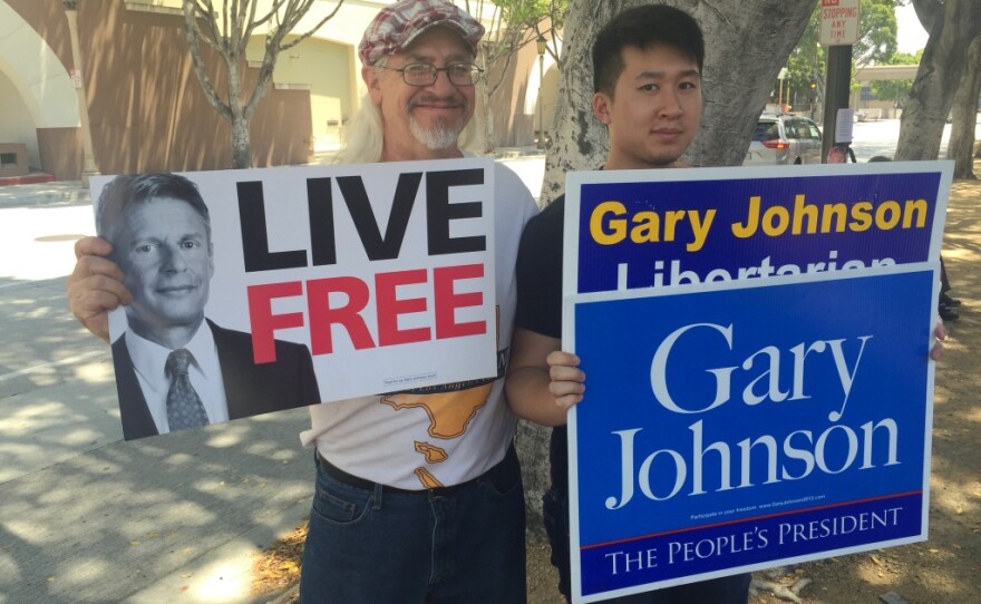 Supporters of the Libertarian presidential nominee Gary Johnson gather in Pasadena at the second annual Politicon event. Johnson was one of the conference's headliners.