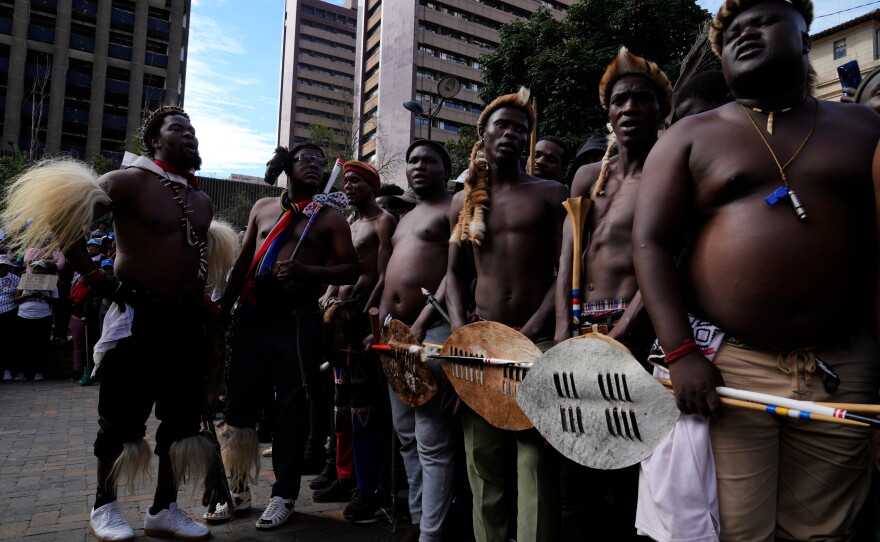 South Africans dressed in traditional attire protest against illegal migration on April 29  in Johannesburg.