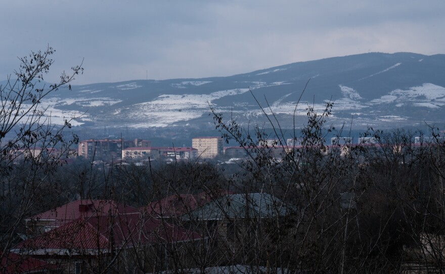 Sunlight hits buildings the Tskhinvali Region, just across the boundary of South Ossetia, a Russian-occupied part of Georgia.