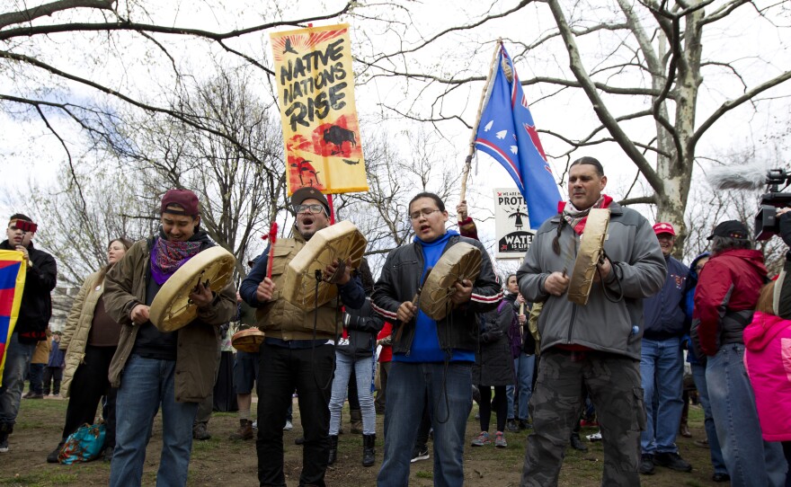 Native Americans and their supporters protest in March outside of the White House against the construction of the disputed Dakota Access oil pipeline.