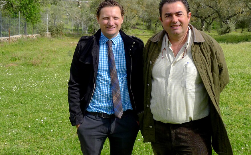 Diego Labourdette (left) and Eduardo Sousa are business partners — together they run a 1,200-acre goose farm just outside of Pallares, Spain.