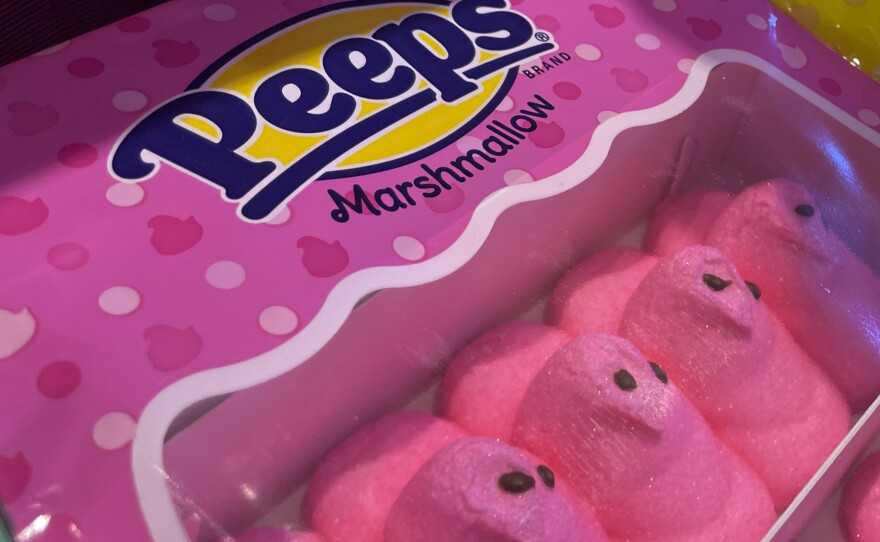 Marshmallow Peeps candy is on display at a store in Lafayette, Calif., on March 24, 2023. A California lawmaker wants to ban certain types of chemical additives in food dyes used in popular candies like Skittles and Peeps. They are already banned in the European Union based on public health concerns.