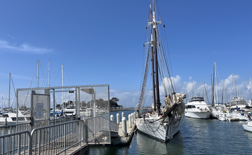 The Bill of Rights schooner floats at its dock at Safe Harbor South Bay marina, Apr. 1, 2026.