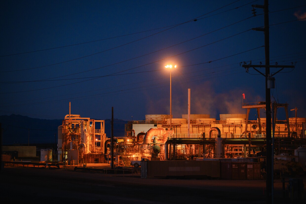 Power lines and geothermal plants, including plants run by Calenergy, are pictured in the planned lithium extraction zone on the edge of the Salton Sea near Calipatria, California in the Imperial Valley on March 19, 2024.